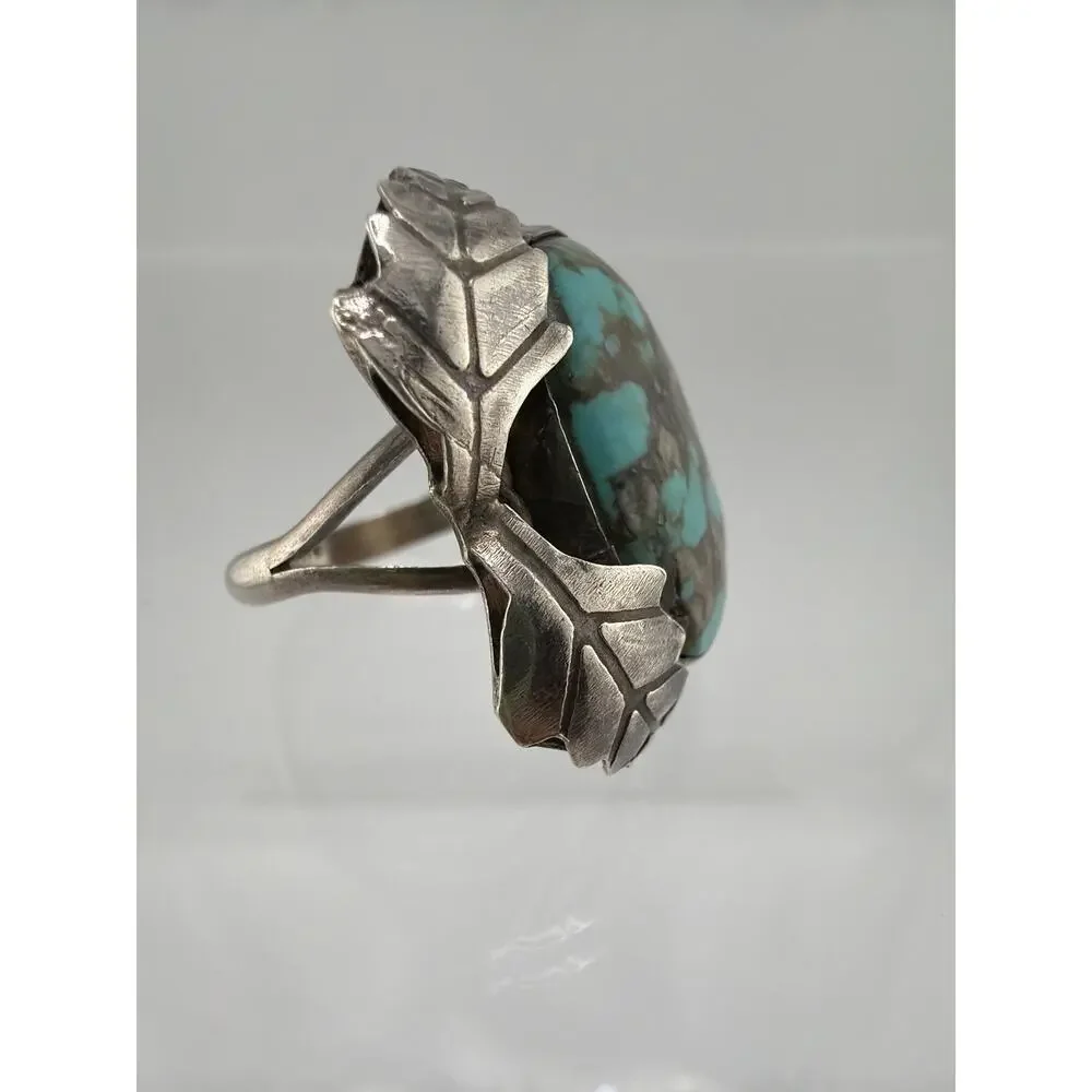 Vintage Navajo Sterling Silver Turquoise Leaf Ring 6.5